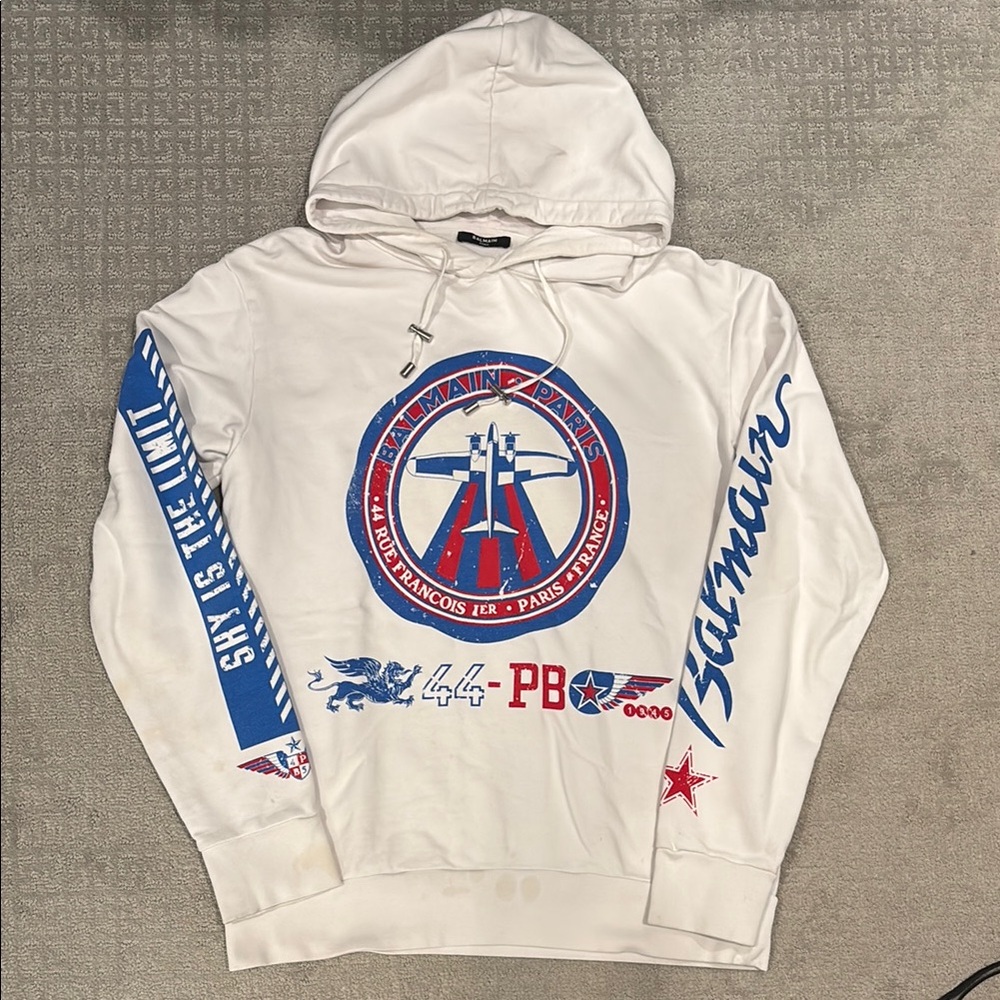 Balmain White Hoodie with Blue and Red Graphics, S, good used condition
